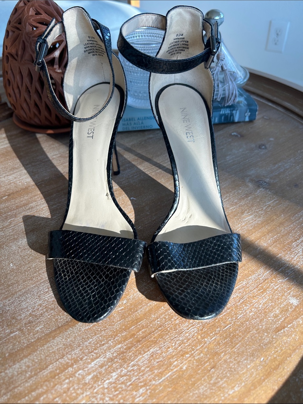 Nine West Black Textured Ankle-Strap Heels